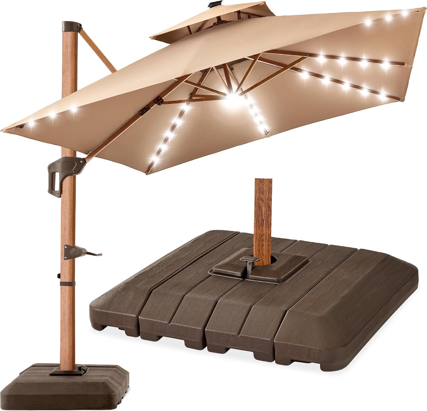 Best Choice Products 10ft Square Cantilever Umbrella w/ Base – Woodgrain Pole, Solar LED, 360 Rotation, Offset Patio Shade – Tan