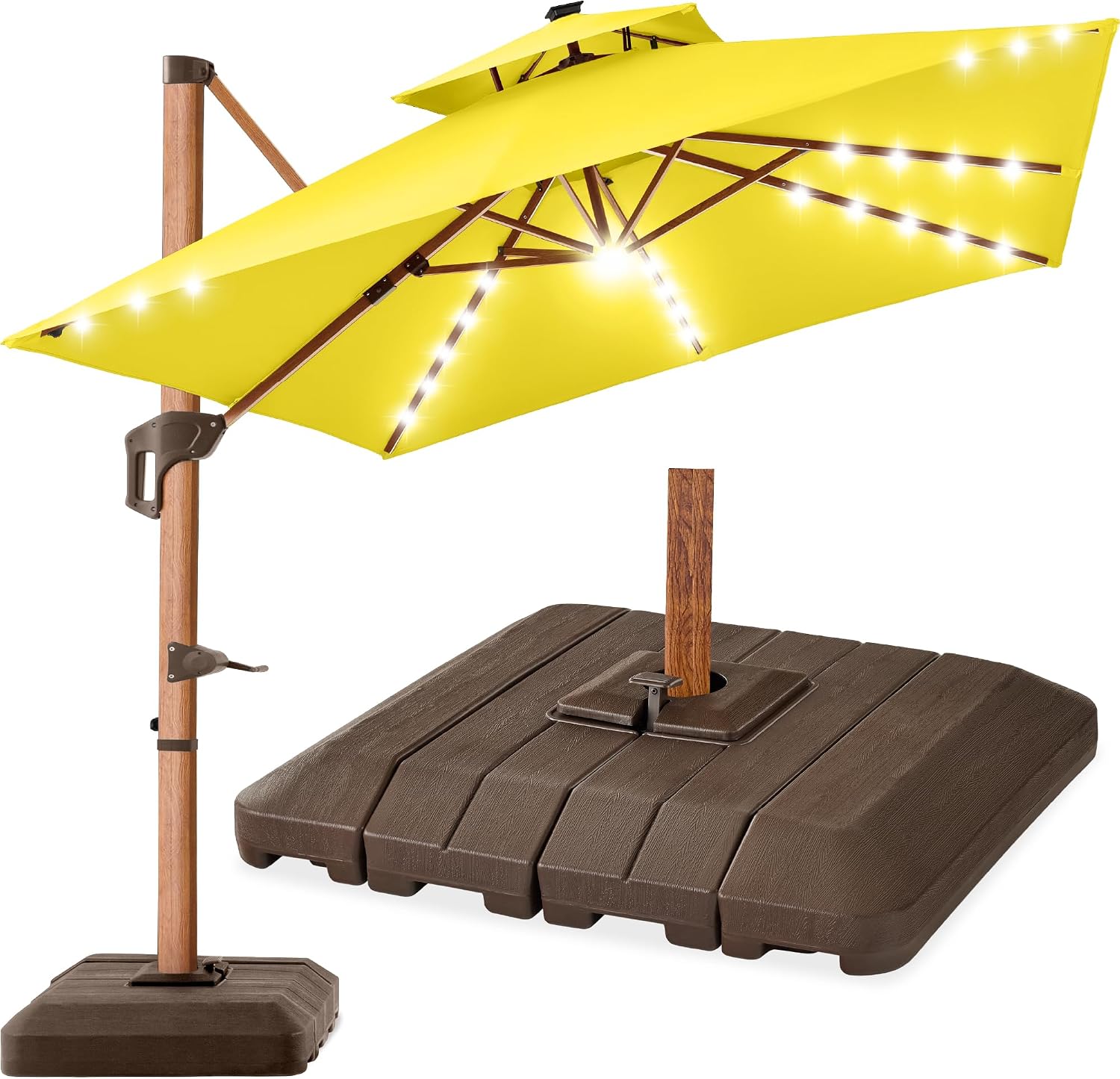 Best Choice Products 10ft Square Cantilever Umbrella w/ Base – Woodgrain Pole, Solar LED, 360 Rotation, Offset Patio Shade – Yellow