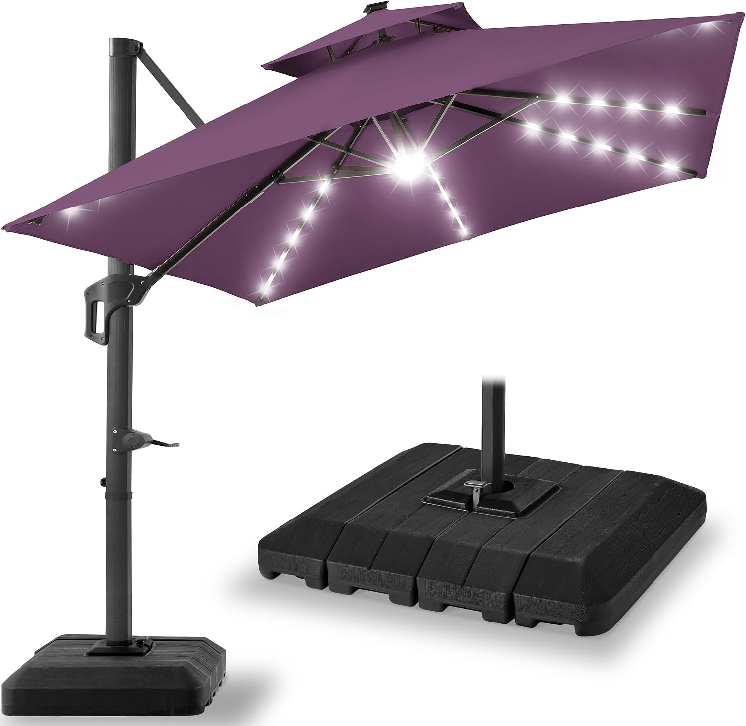 Best Choice Products 10x10ft Cantilever Patio Umbrella w/ Base – Solar LED, 360 Rotation for Deck, Pool, Backyard Shade – Amethyst Purple