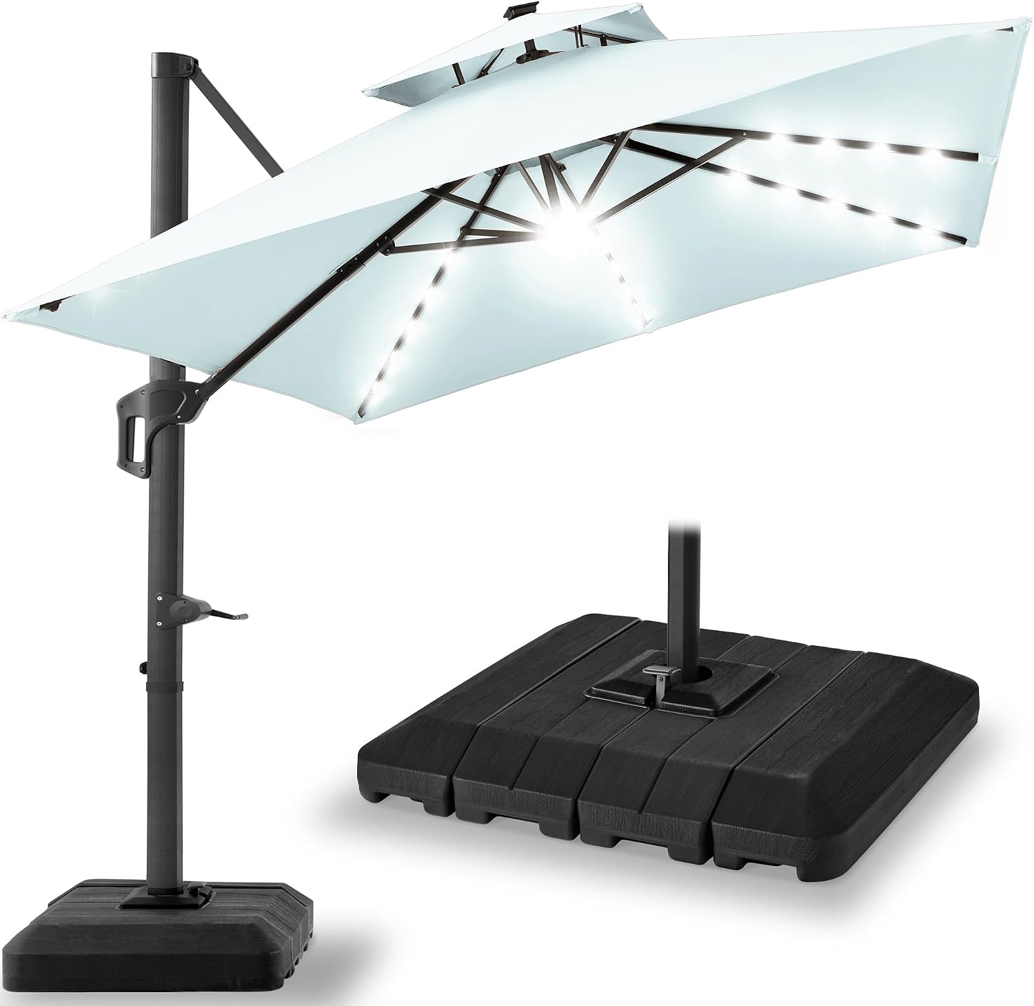 Best Choice Products 10x10ft Cantilever Patio Umbrella w/ Base – Solar LED, 360 Rotation for Deck, Pool, Backyard Shade – Baby Blue