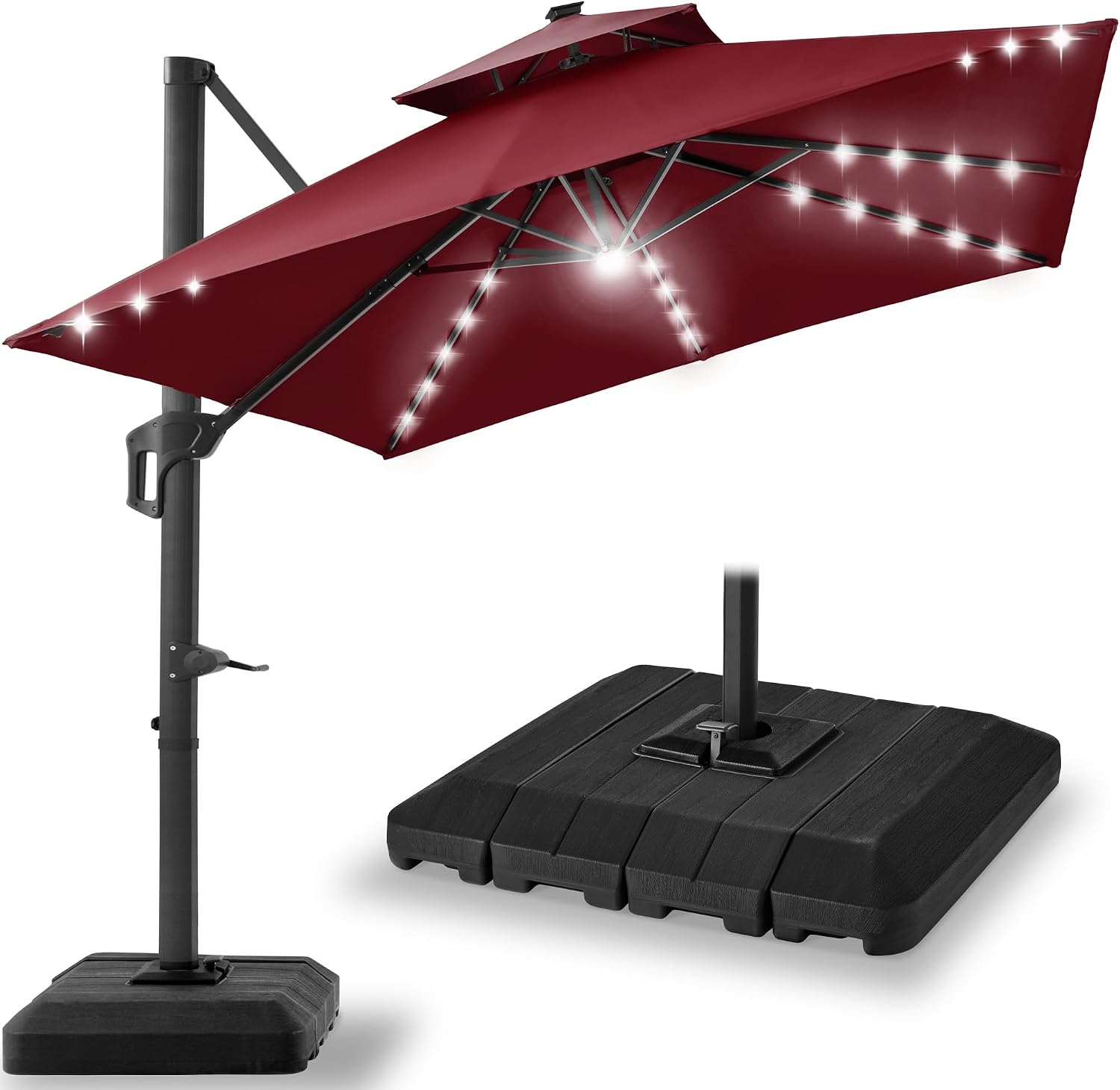 Best Choice Products 10x10ft Cantilever Patio Umbrella w/ Base – Solar LED, 360 Rotation for Deck, Pool, Backyard Shade – Burgundy