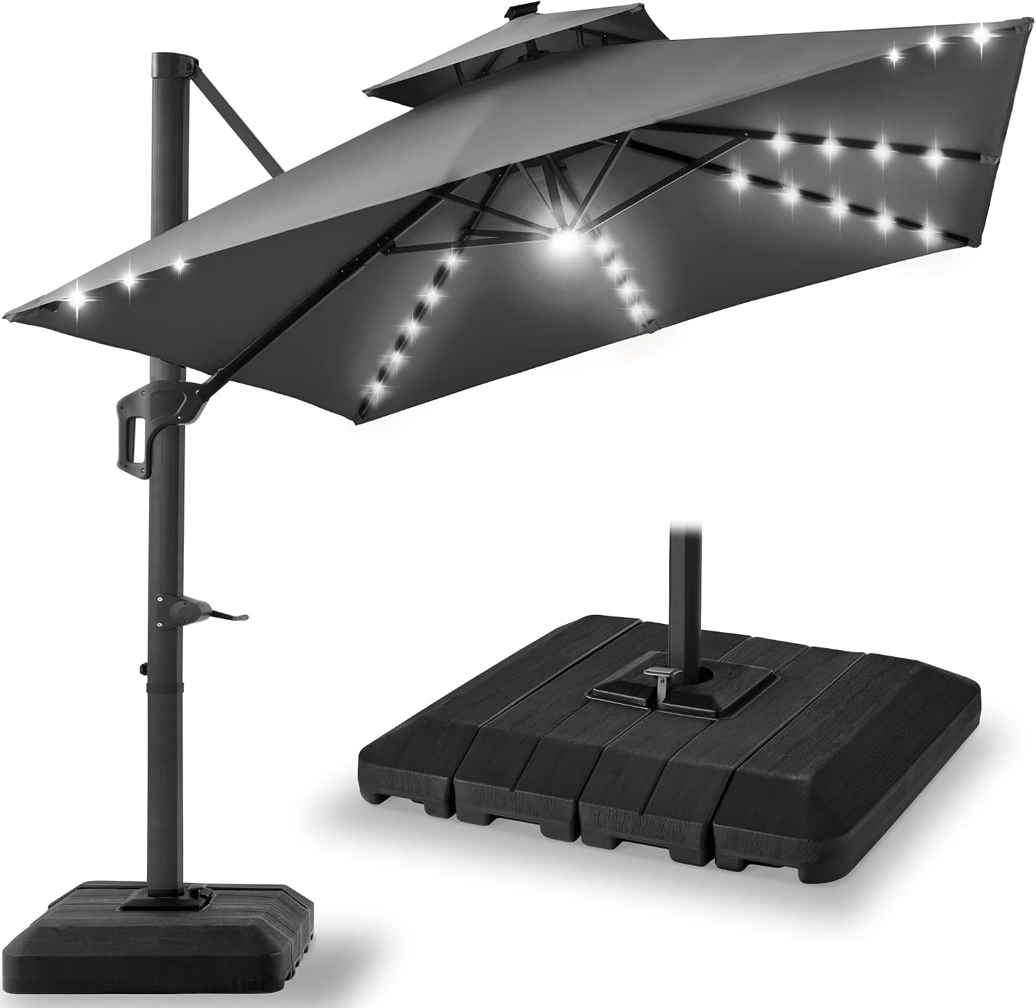 Best Choice Products 10x10ft Cantilever Patio Umbrella w/ Base – Solar LED, 360 Rotation for Deck, Pool, Backyard Shade – Gray