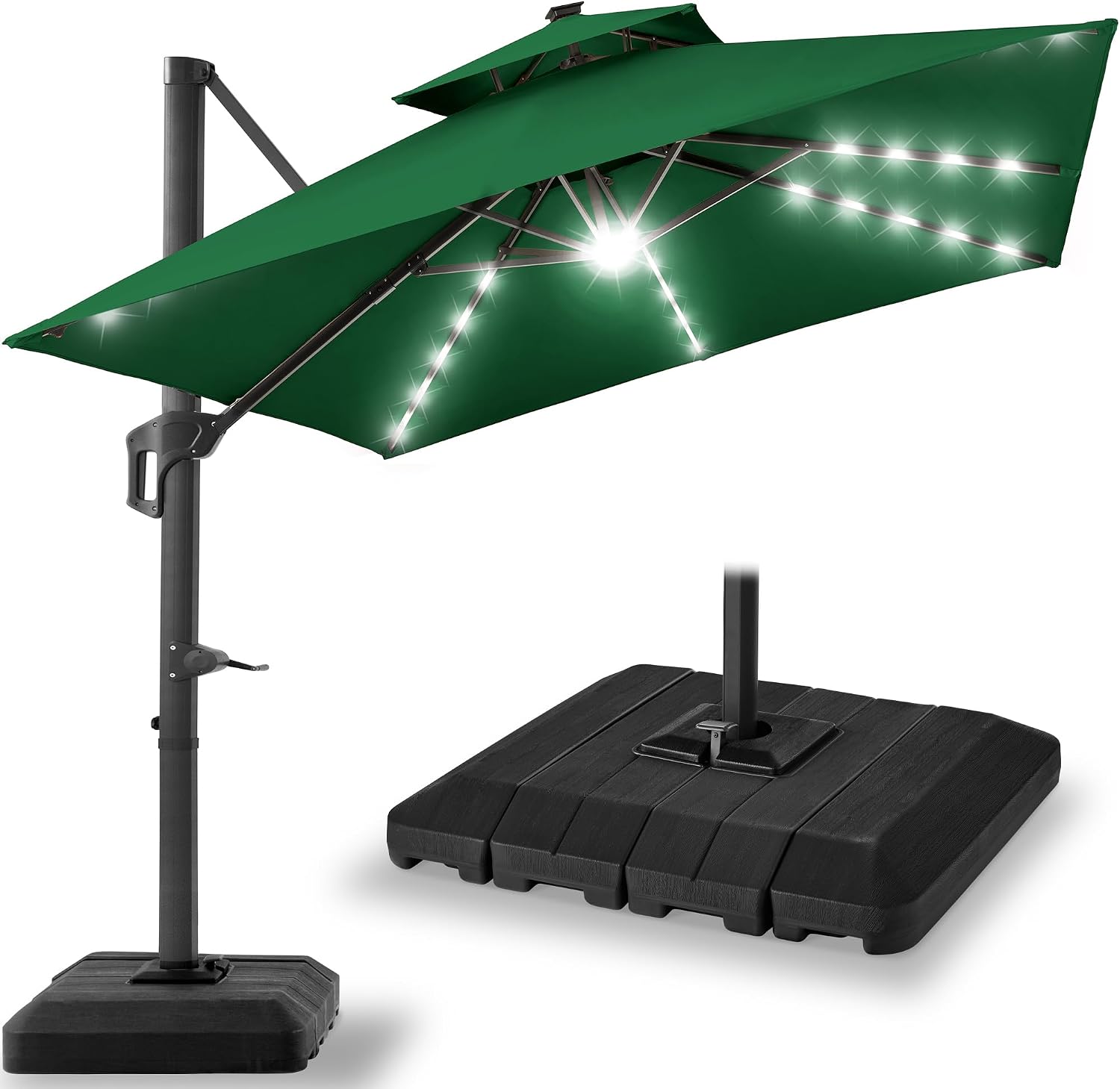 Best Choice Products 10x10ft Cantilever Patio Umbrella w/ Base – Solar LED, 360 Rotation for Deck, Pool, Backyard Shade – Green