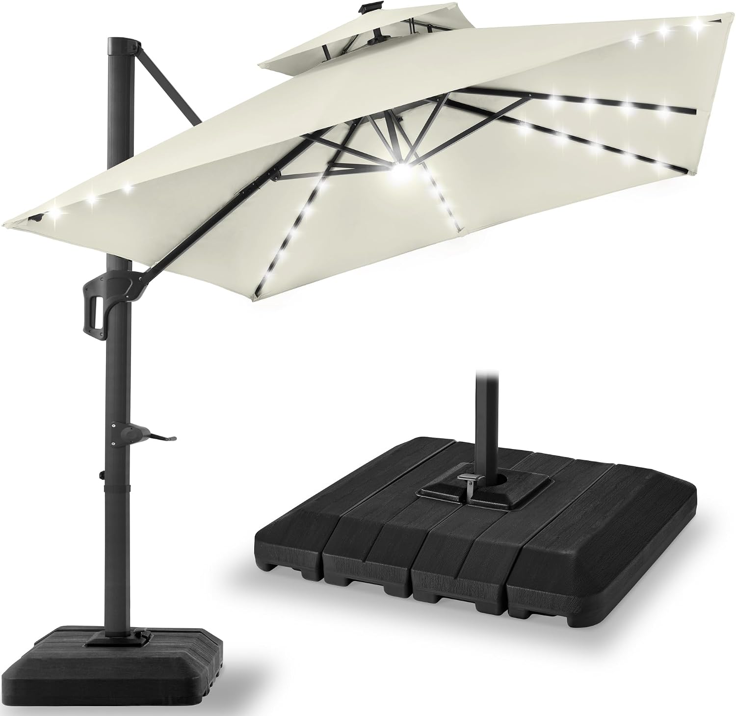 Best Choice Products 10x10ft Cantilever Patio Umbrella w/ Base – Solar LED, 360 Rotation for Deck, Pool, Backyard Shade – Ivory
