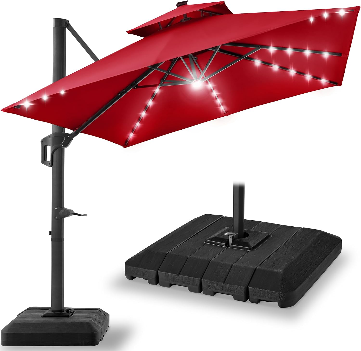 Best Choice Products 10x10ft Cantilever Patio Umbrella w/ Base – Solar LED, 360 Rotation for Deck, Pool, Backyard Shade – Red