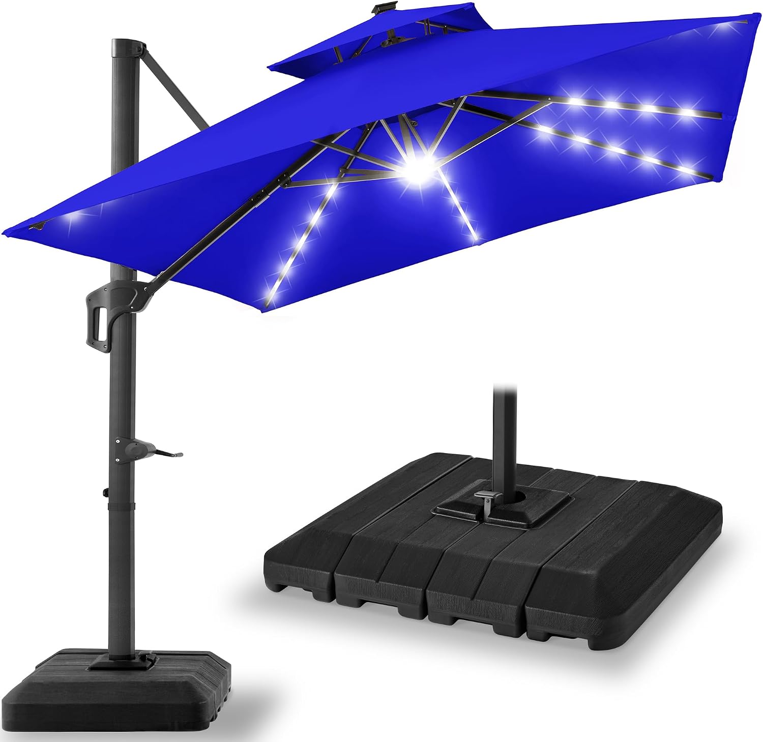 Best Choice Products 10x10ft Cantilever Patio Umbrella w/ Base – Solar LED, 360 Rotation for Deck, Pool, Backyard Shade – Resort Blue