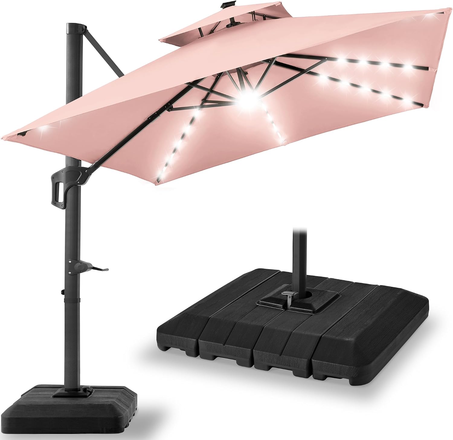 Best Choice Products 10x10ft Cantilever Patio Umbrella w/ Base – Solar LED, 360 Rotation for Deck, Pool, Backyard Shade – Rose Quartz
