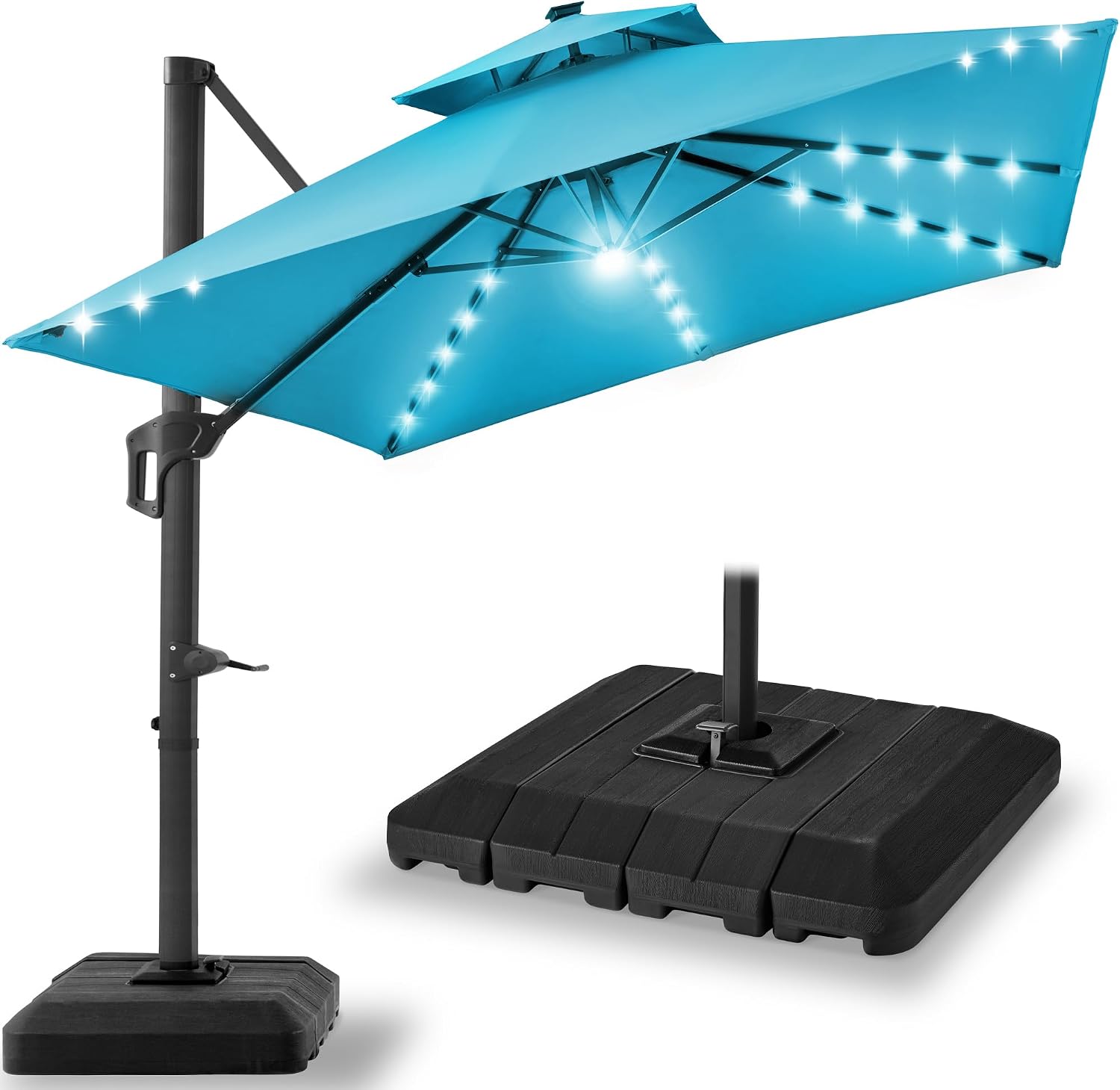 Best Choice Products 10x10ft Cantilever Patio Umbrella w/ Base – Solar LED, 360 Rotation for Deck, Pool, Backyard Shade – Sky Blue