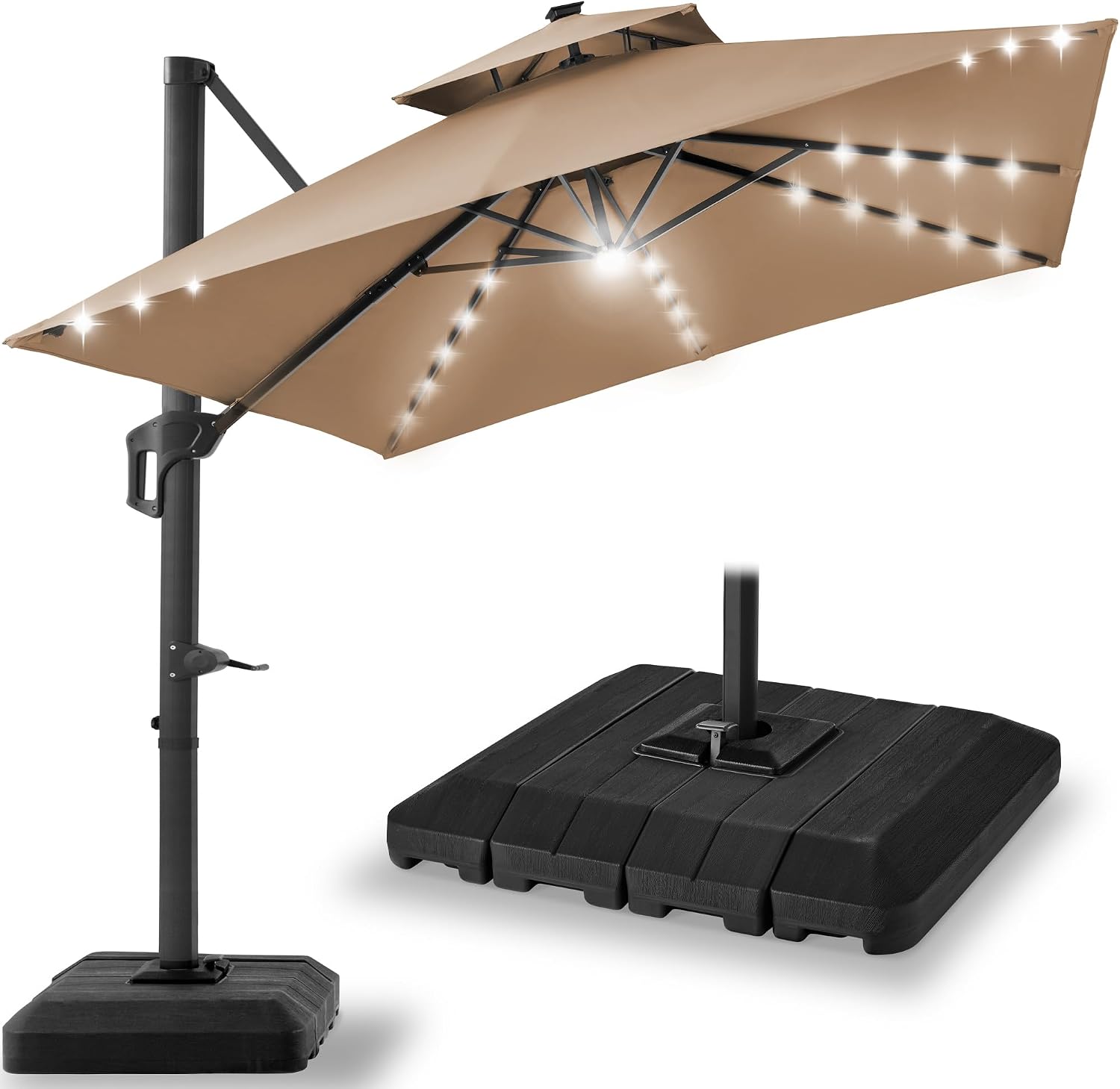Best Choice Products 10x10ft Cantilever Patio Umbrella w/ Base – Solar LED, 360 Rotation for Deck, Pool, Backyard Shade – Tan