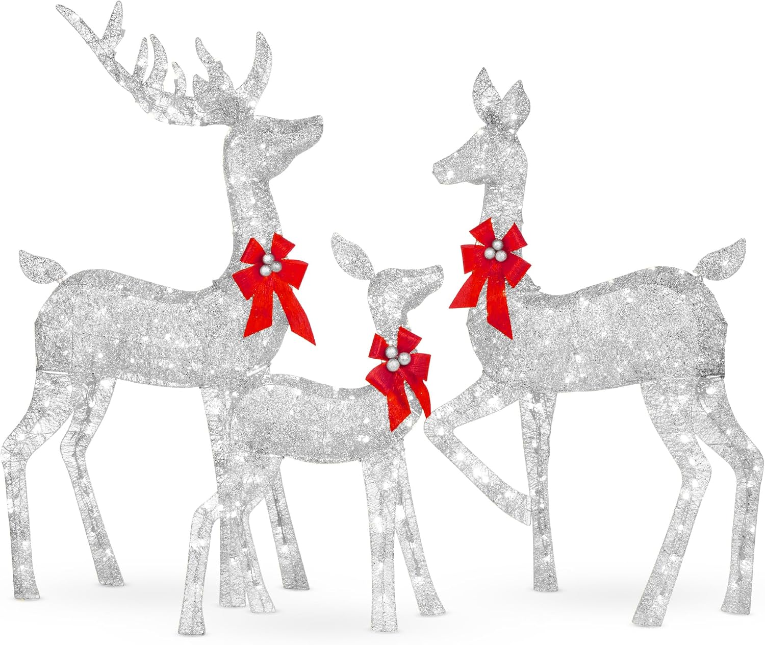 Best Choice Products 3-Piece Large Lighted Christmas Deer Family Set 5Ft Outdoor Yard Decoration with 360 LED Lights, Stakes, Zip Ties – Silver