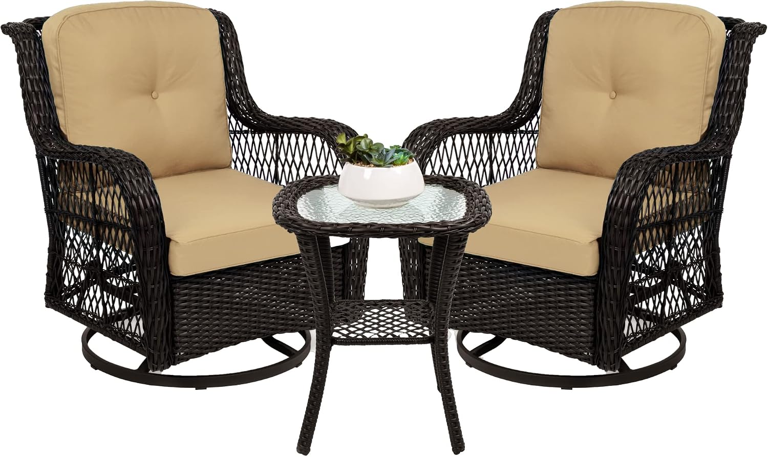 Best Choice Products 3-Piece Outdoor Wicker Patio Bistro Set w/ 2 360-Degree Swivel Rocking Chairs and Tempered Glass Top Side Table – Beige