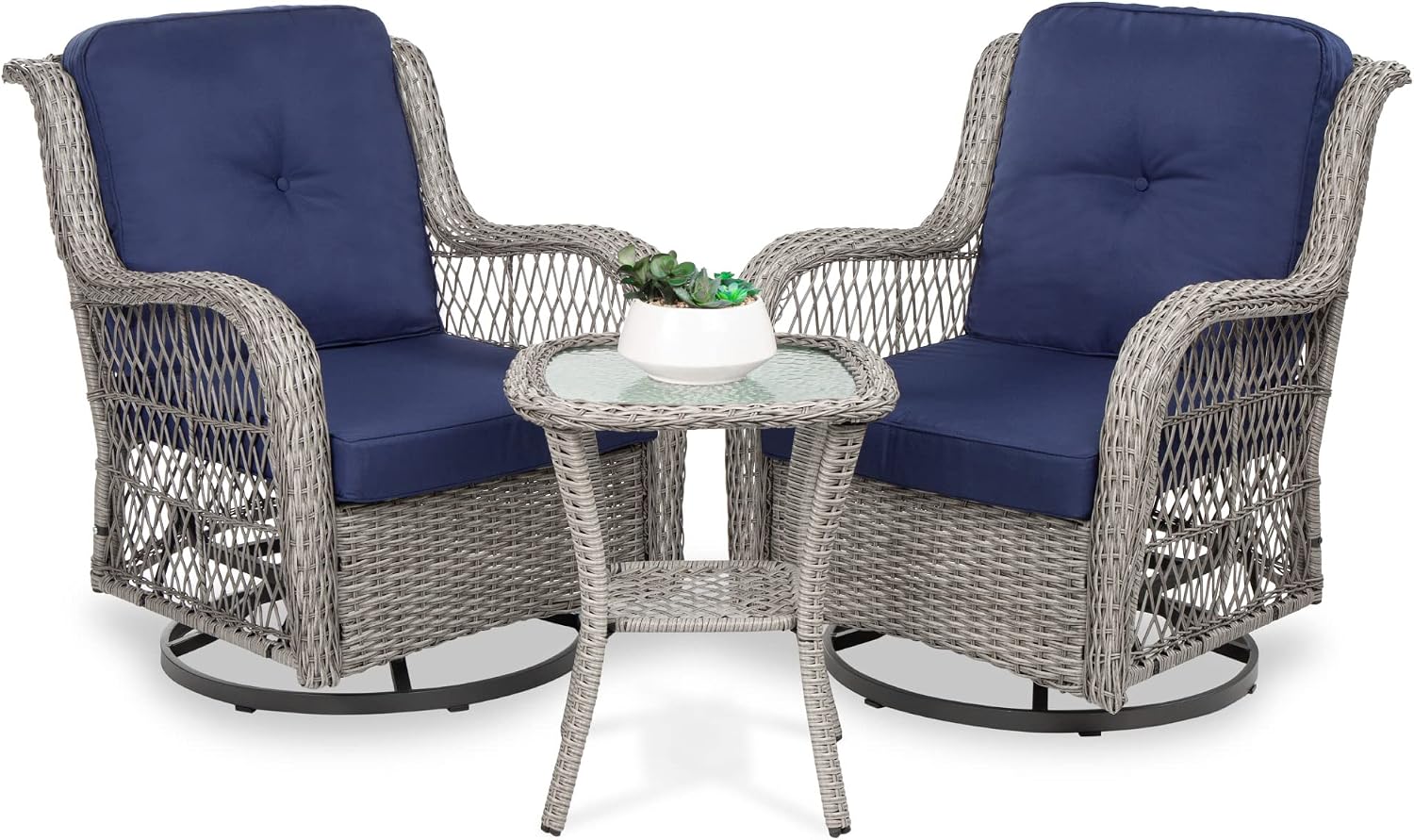 Best Choice Products 3-Piece Outdoor Wicker Patio Bistro Set w/ 2 360-Degree Swivel Rocking Chairs and Tempered Glass Top Side Table – Navy