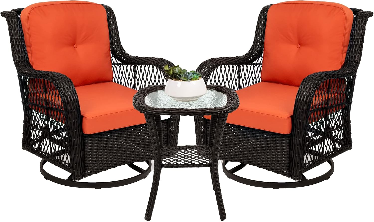 Best Choice Products 3-Piece Outdoor Wicker Patio Bistro Set w/ 2 360-Degree Swivel Rocking Chairs and Tempered Glass Top Side Table – Rust