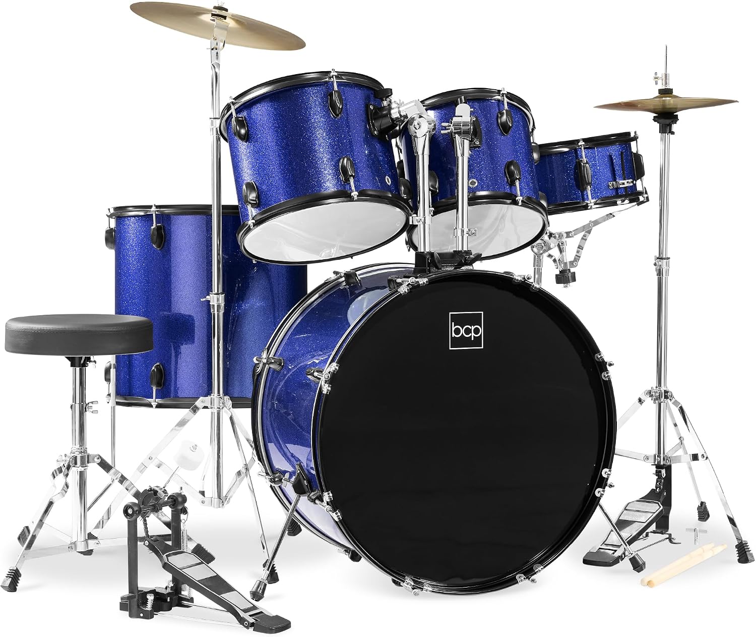 Best Choice Products 5-Piece Full Size Complete Adult Drum Set w/Cymbal Stands, Stool, Drum Pedal, Sticks, Floor Tom – Dark Blue Sparkle
