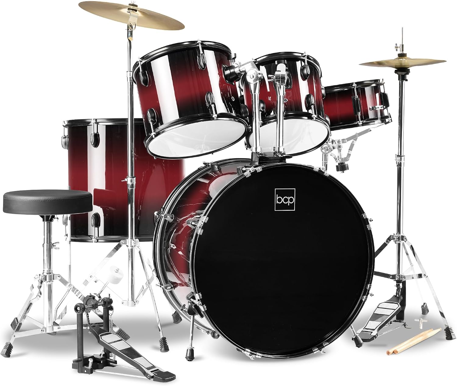 Best Choice Products 5-Piece Full Size Complete Adult Drum Set w/Cymbal Stands, Stool, Drum Pedal, Sticks, Floor Tom – Dark Cherry Sunburst