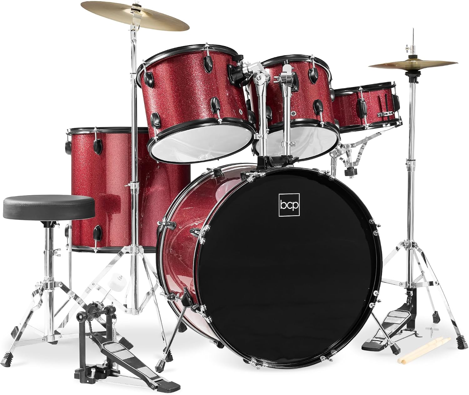 Best Choice Products 5-Piece Full Size Complete Adult Drum Set w/Cymbal Stands, Stool, Drum Pedal, Sticks, Floor Tom – Red Sparkle