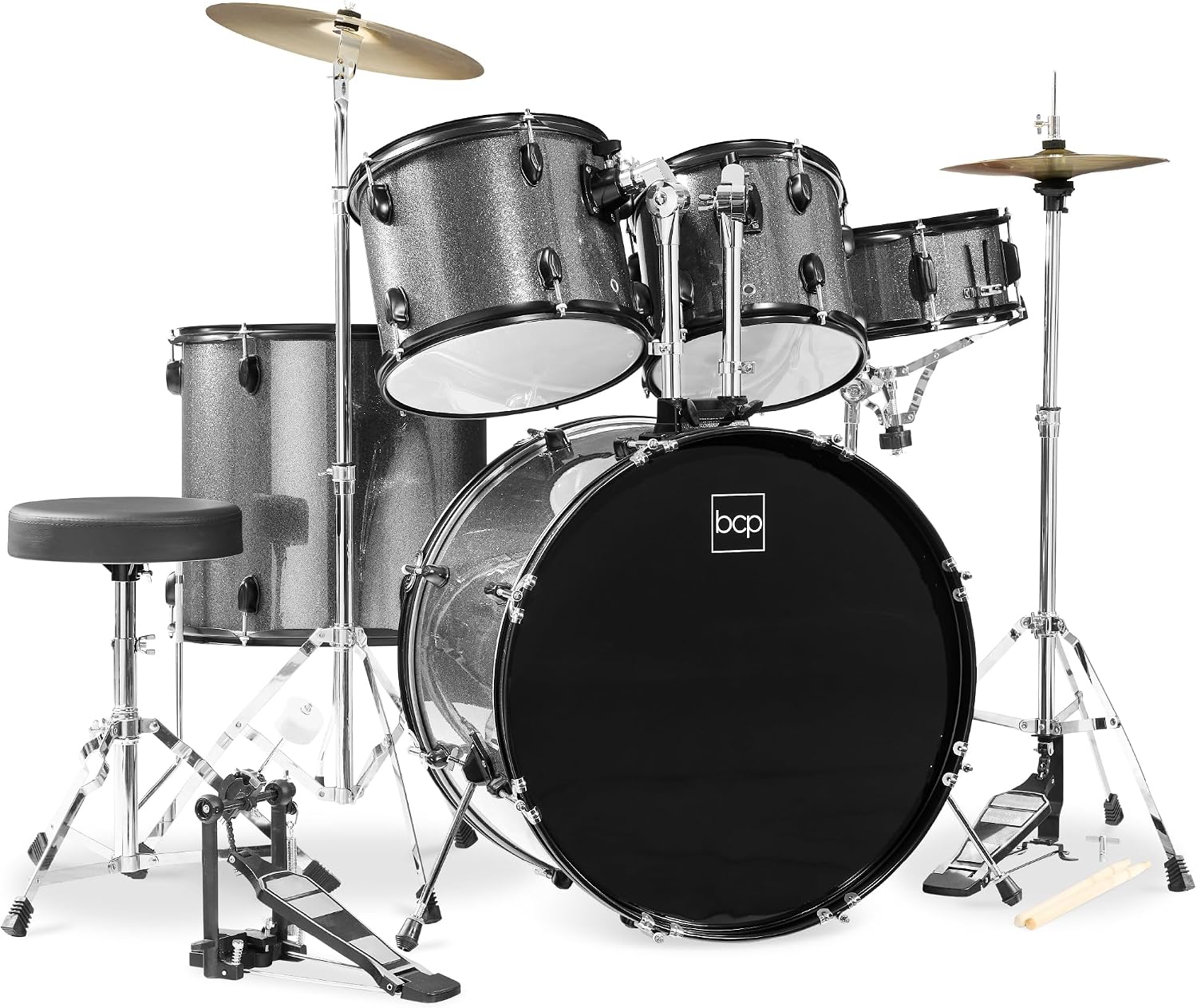 Best Choice Products 5-Piece Full Size Complete Adult Drum Set w/Cymbal Stands, Stool, Drum Pedal, Sticks, Floor Tom – Silver Sparkle