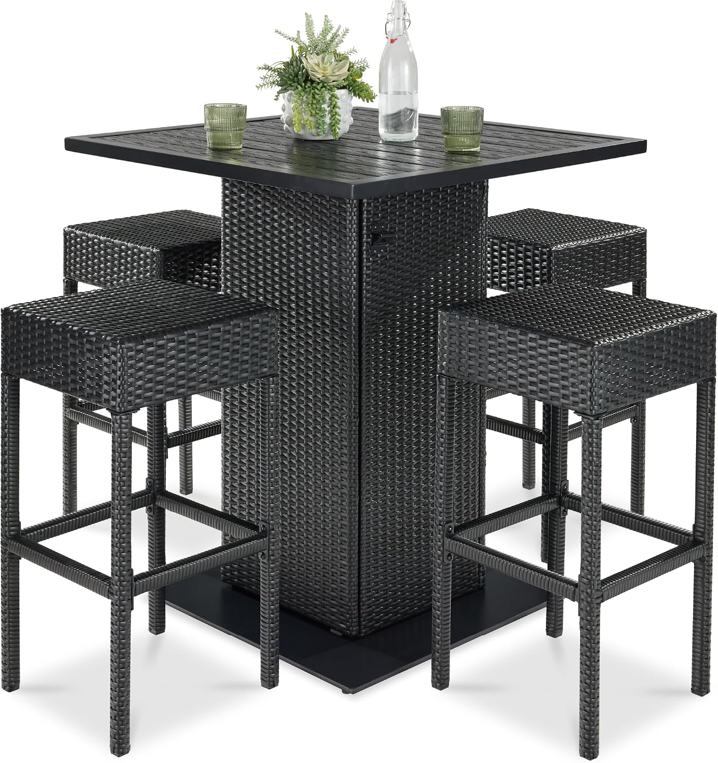 Best Choice Products 5-Piece Wicker Bar Set – Outdoor Patio Table w/Metal Top, Storage Shelf, Bottle Opener & 4 Stools – Black
