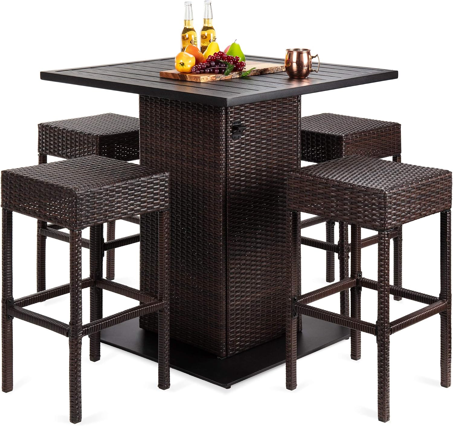 Best Choice Products 5-Piece Wicker Bar Set – Outdoor Patio Table w/Metal Top, Storage Shelf, Bottle Opener & 4 Stools – Brown