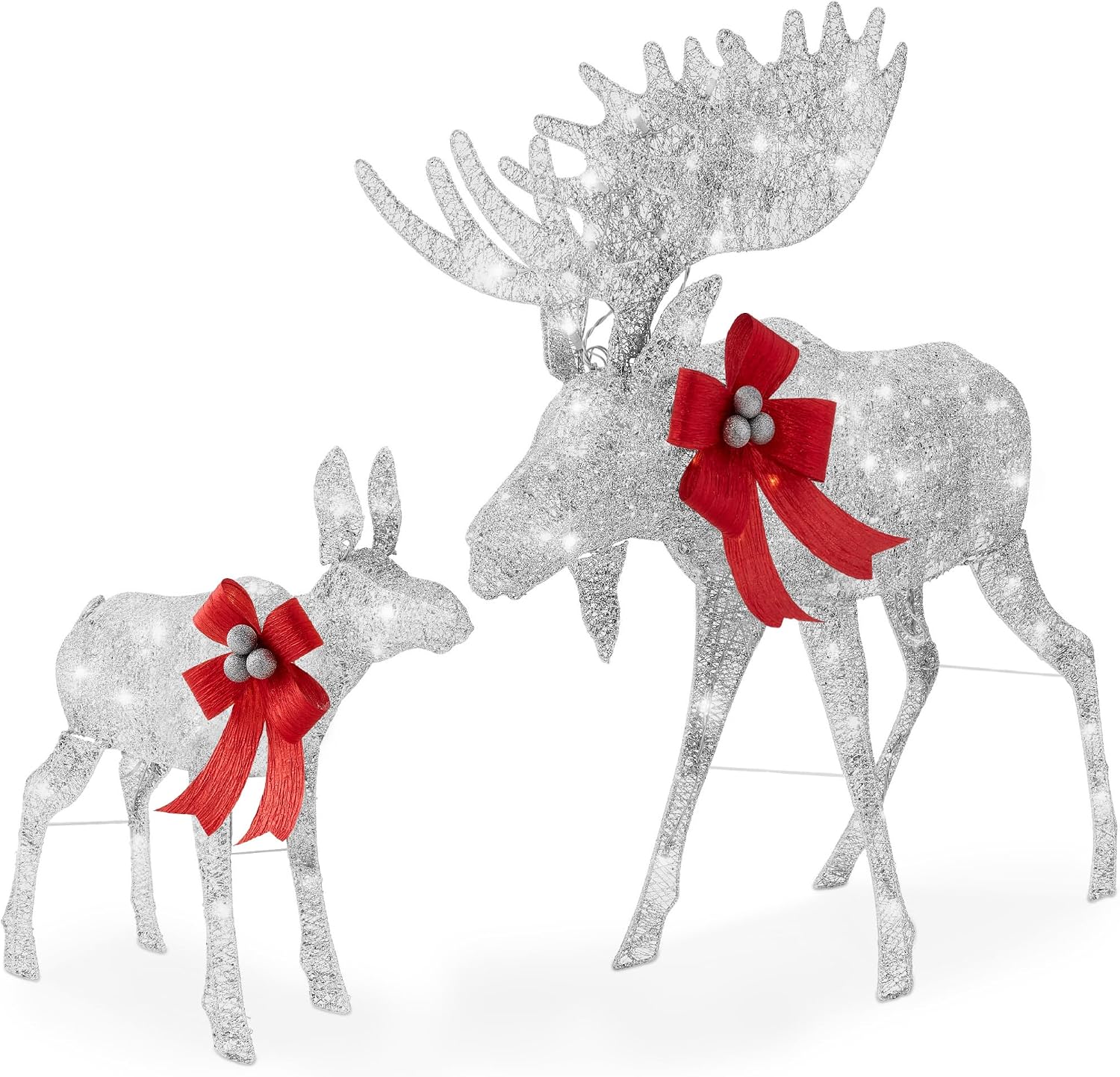 Best Choice Products 5ft 2-Piece Moose Family, Lighted Outdoor Christmas Yard Decoration, Light-Up Décor Set w/ 370 LED Lights, Zip Ties – Silver