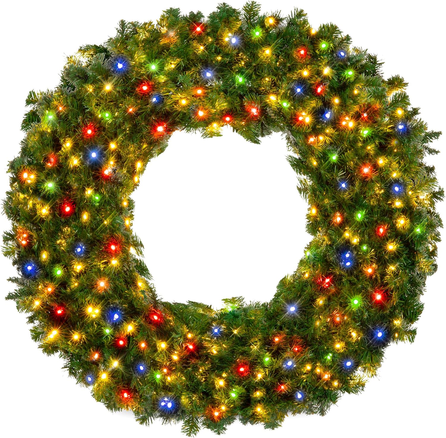 Best Choice Products 60in Large Artificial Pre-Lit Fir Christmas Wreath Holiday Accent Decoration w/ 375 Multicolor Lights, 930 PVC Tips