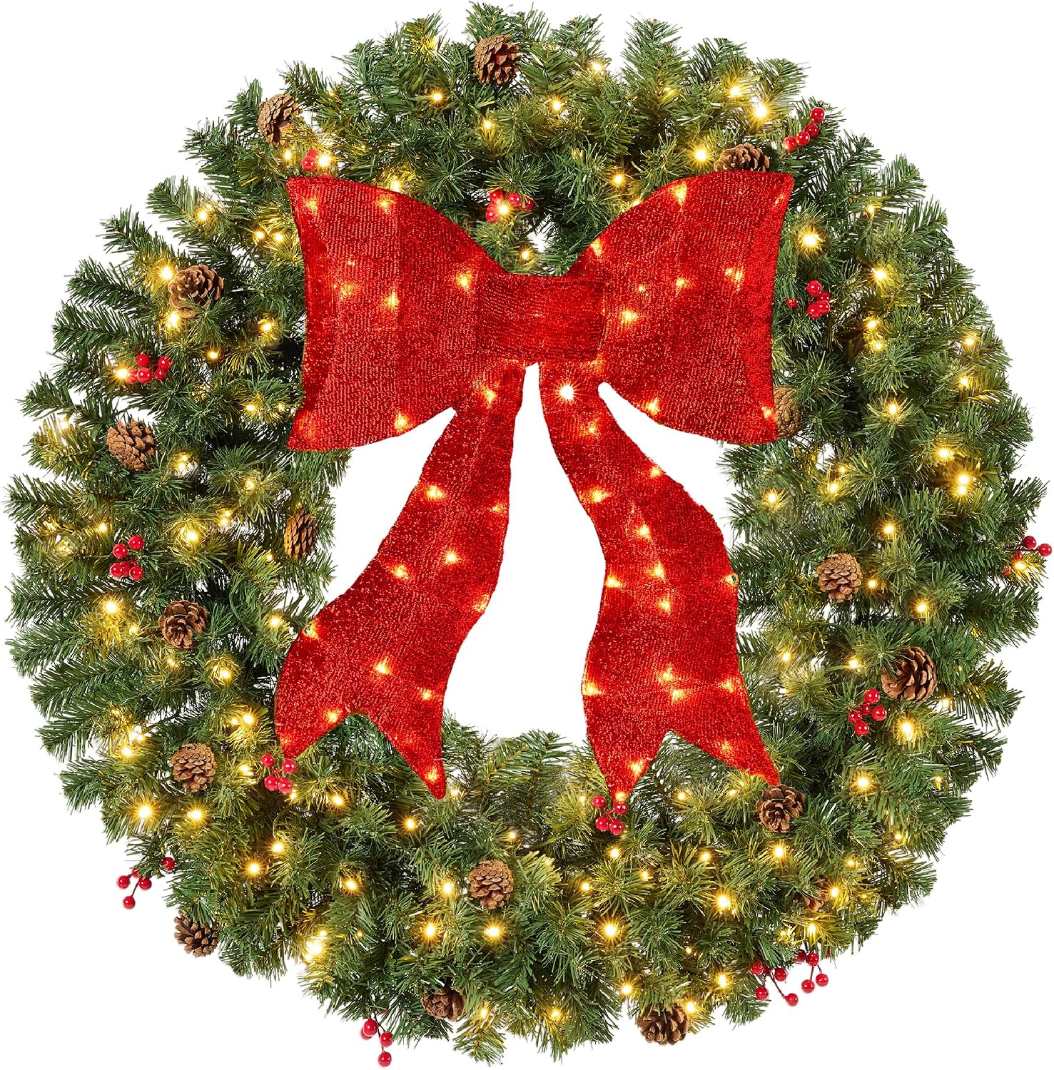 Best Choice Products 60in Pre-Lit Christmas Wreath w/Berries & Pinecones, Large Artificial Indoor/Outdoor Decor for Door, Mantel w/Red Bow, Plug-in
