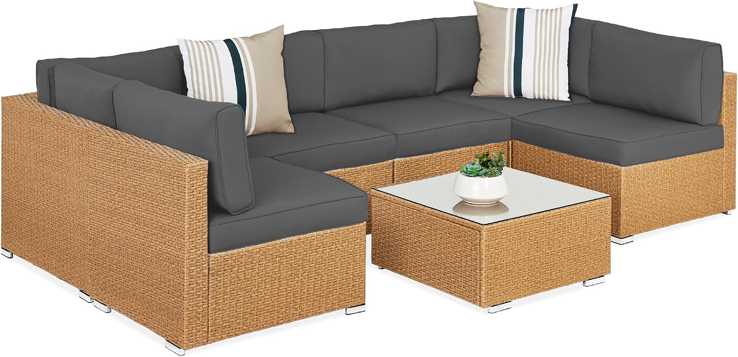 Best Choice Products 7-Piece Modular Outdoor Sectional Wicker Patio Conversation Set w/ 2 Pillows, Coffee Table, Cover Included – Natural/Gray