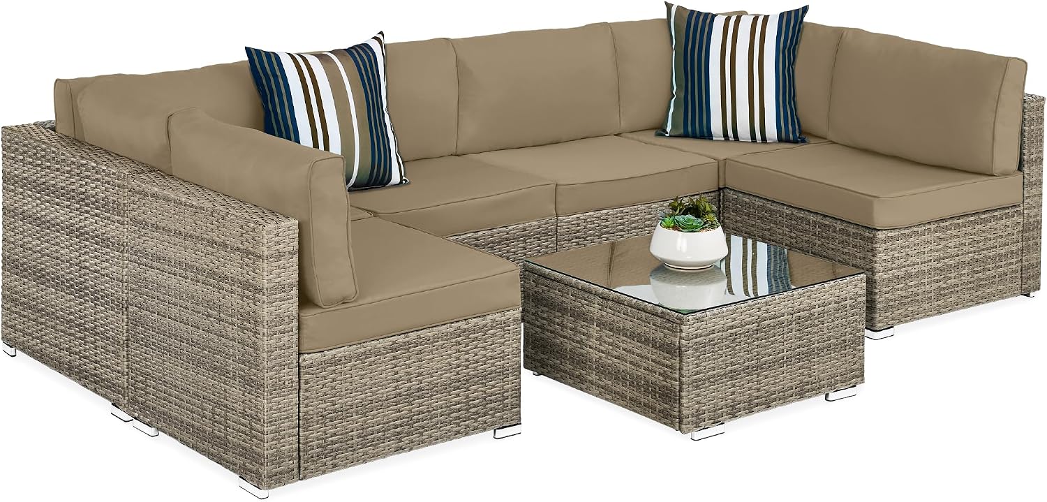 Best Choice Products 7-Piece Modular Outdoor Sectional Wicker Patio Conversation Set w/ 2 Pillows, Coffee Table, Cover Included – Taupe/Desert
