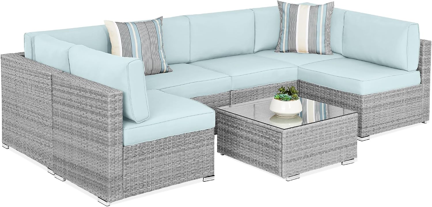 Best Choice Products 7-Piece Modular Outdoor Sectional Wicker Patio Conversation Set w/ 2 Pillows, Table, Cover Included – Gray/Pastel Blue