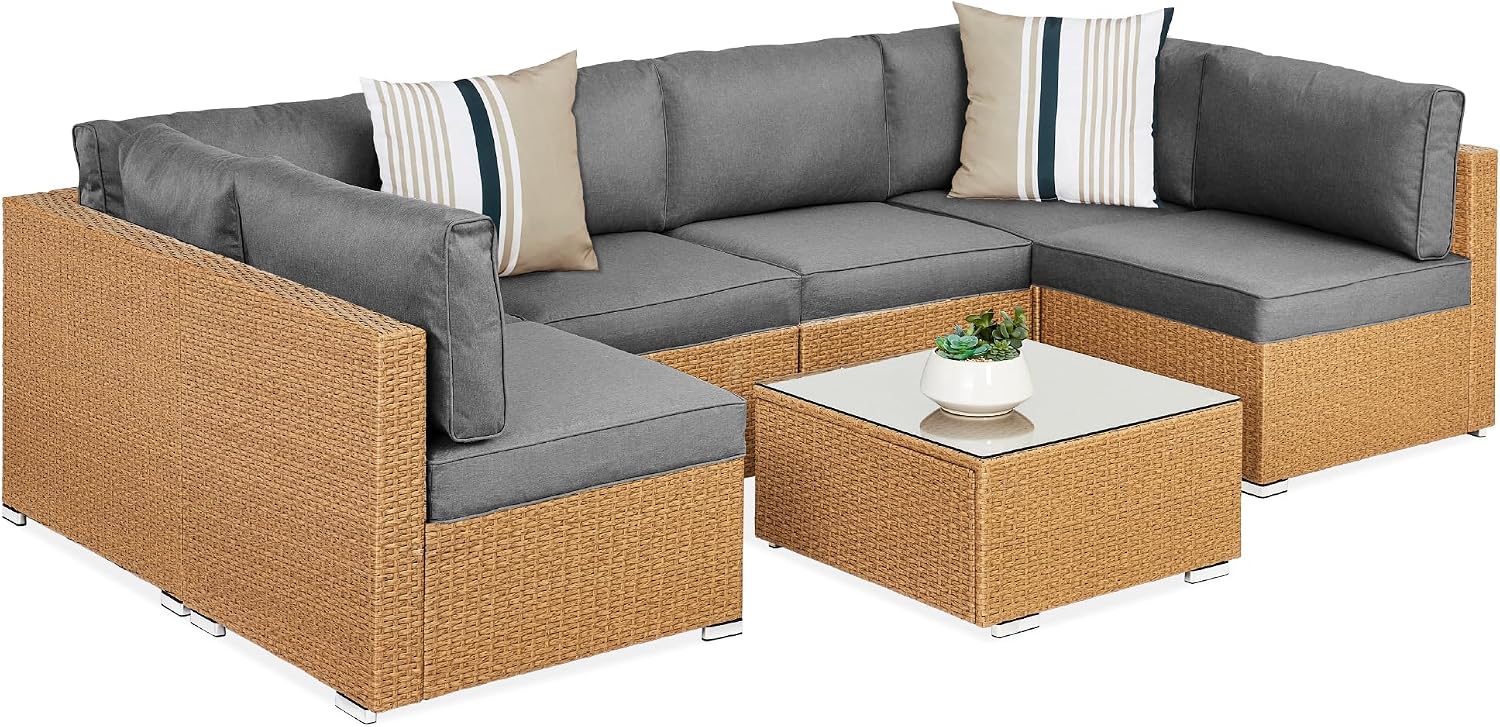 Best Choice Products 7-Piece Modular Outdoor Sectional Wicker Patio Conversation Set w/ 2 Pillows, Table, Cover Included – Natural/Cement Gray