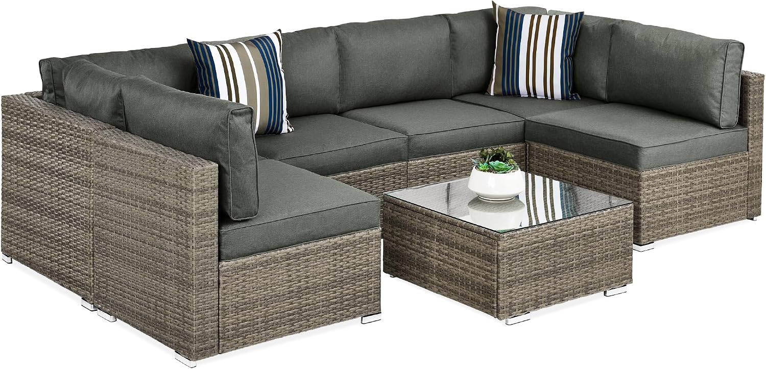 Best Choice Products 7-Piece Modular Outdoor Sectional Wicker Patio Conversation Set w/ 2 Pillows, Table, Cover Included – Taupe/Slate Green