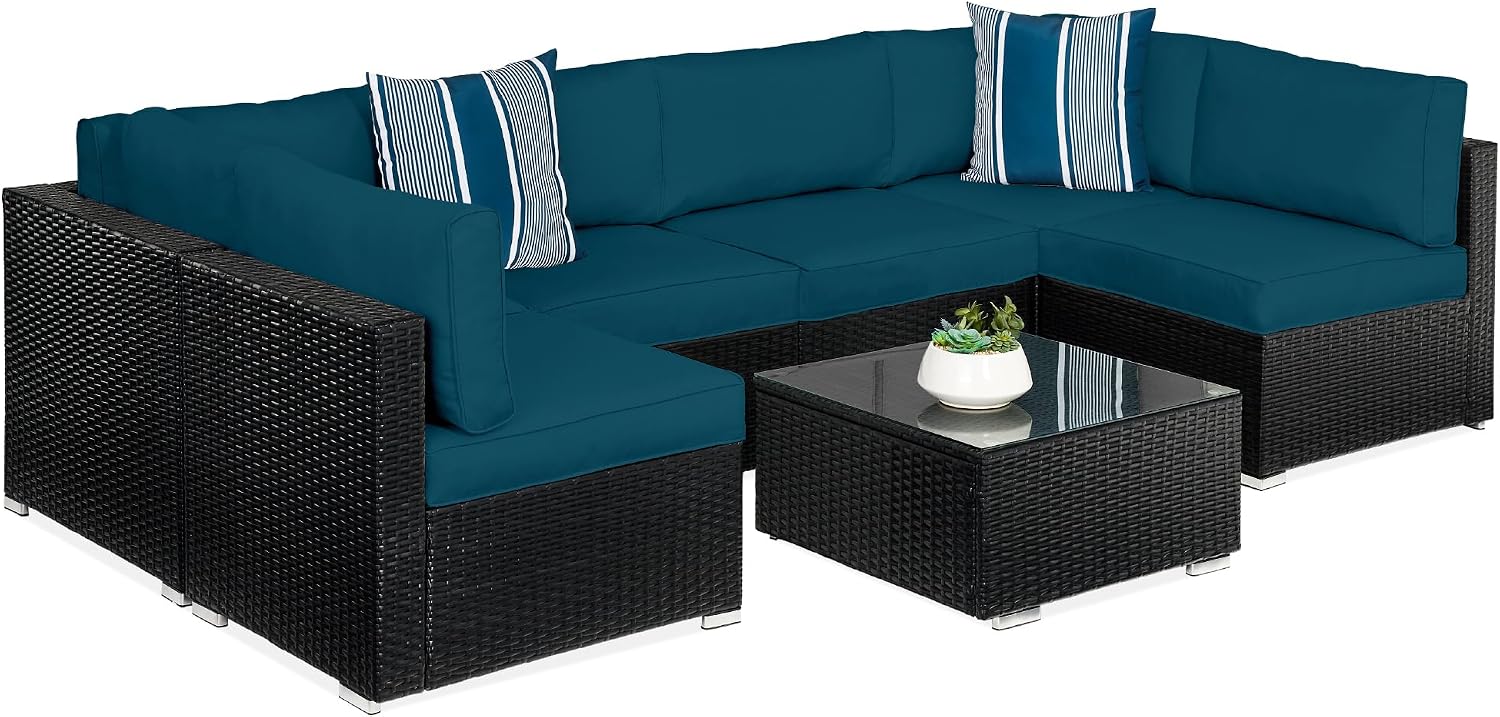 Best Choice Products 7-Piece Wicker Patio Furniture Set – Modular Outdoor Sectional w/ Table, 2 Pillows & Cover Included – Black/Peacock