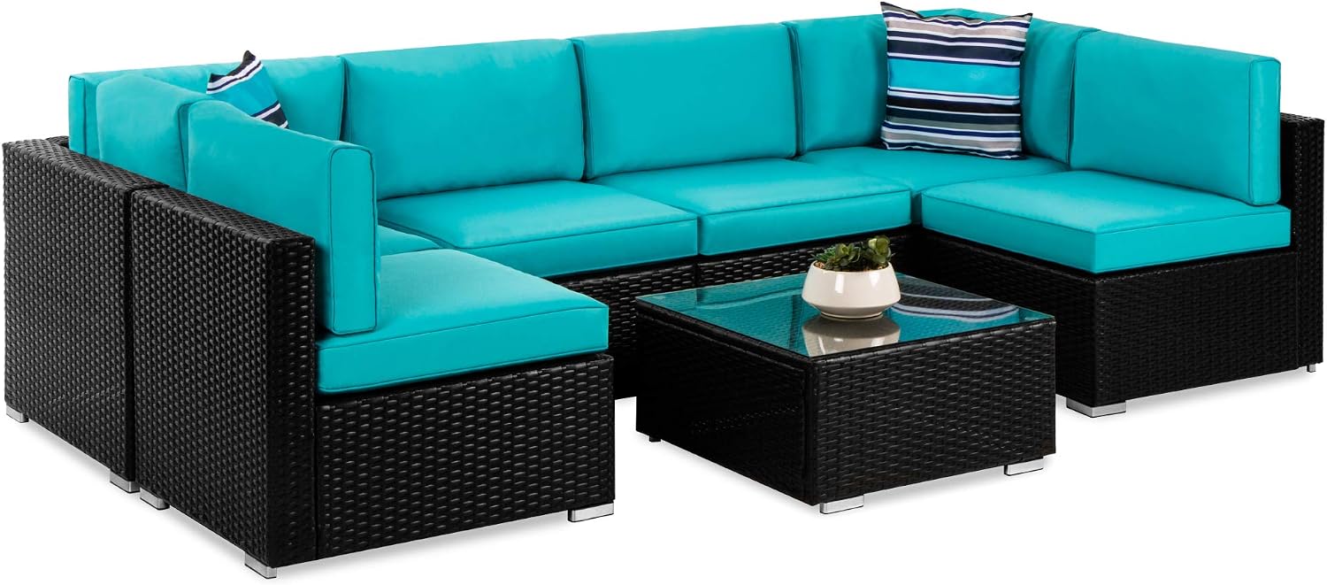 Best Choice Products 7-Piece Wicker Patio Furniture Set – Modular Outdoor Sectional w/ Table, 2 Pillows & Cover Included – Black/Teal