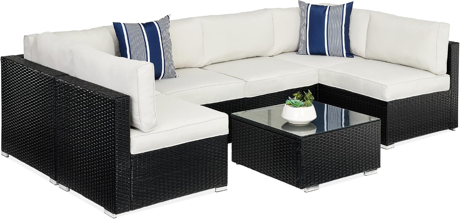 Best Choice Products 7-Piece Wicker Patio Furniture Set – Modular Outdoor Sectional w/ Table, 2 Pillows & Cover Included – Black/White Sand