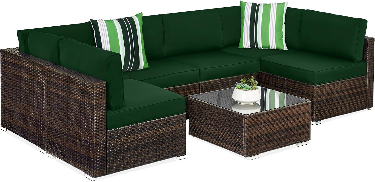 Best Choice Products 7-Piece Wicker Patio Furniture Set – Modular Outdoor Sectional w/ Table, 2 Pillows & Cover Included – Brown/Midnight Green