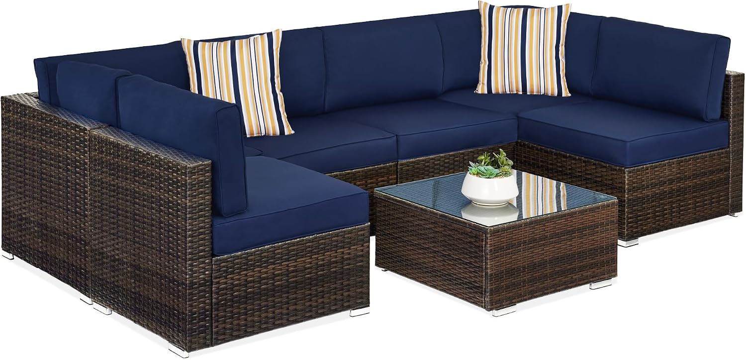 Best Choice Products 7-Piece Wicker Patio Furniture Set – Modular Outdoor Sectional w/ Table, 2 Pillows & Cover Included – Brown/Navy