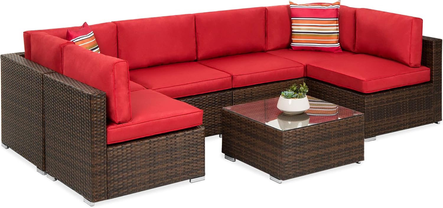 Best Choice Products 7-Piece Wicker Patio Furniture Set – Modular Outdoor Sectional w/ Table, 2 Pillows & Cover Included – Brown/Red