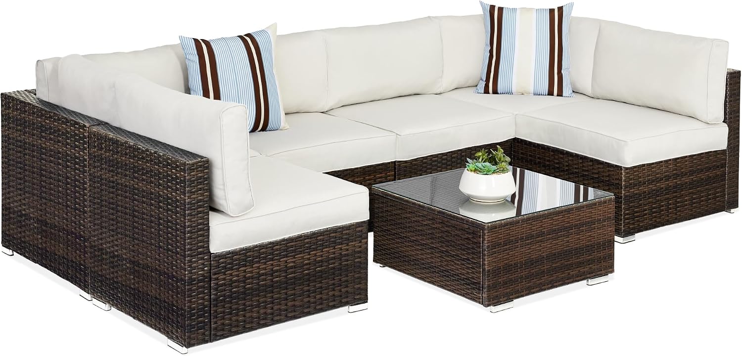 Best Choice Products 7-Piece Wicker Patio Furniture Set – Modular Outdoor Sectional w/ Table, 2 Pillows & Cover Included – Brown/White Sand