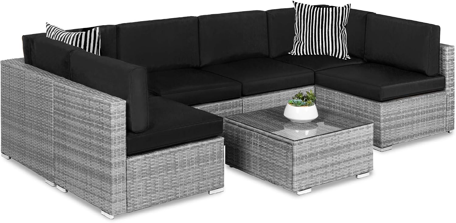 Best Choice Products 7-Piece Wicker Patio Furniture Set – Modular Outdoor Sectional w/ Table, 2 Pillows & Cover Included – Gray/Black
