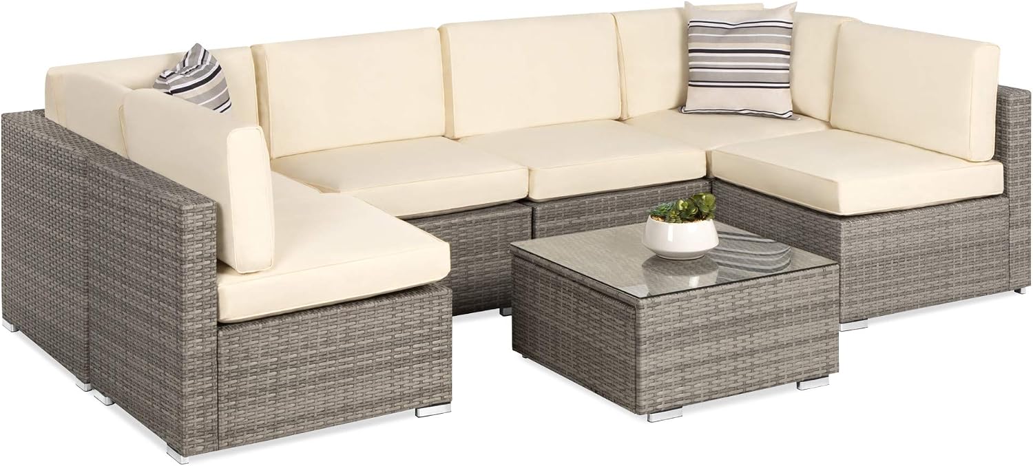Best Choice Products 7-Piece Wicker Patio Furniture Set – Modular Outdoor Sectional w/ Table, 2 Pillows & Cover Included – Gray/Cream