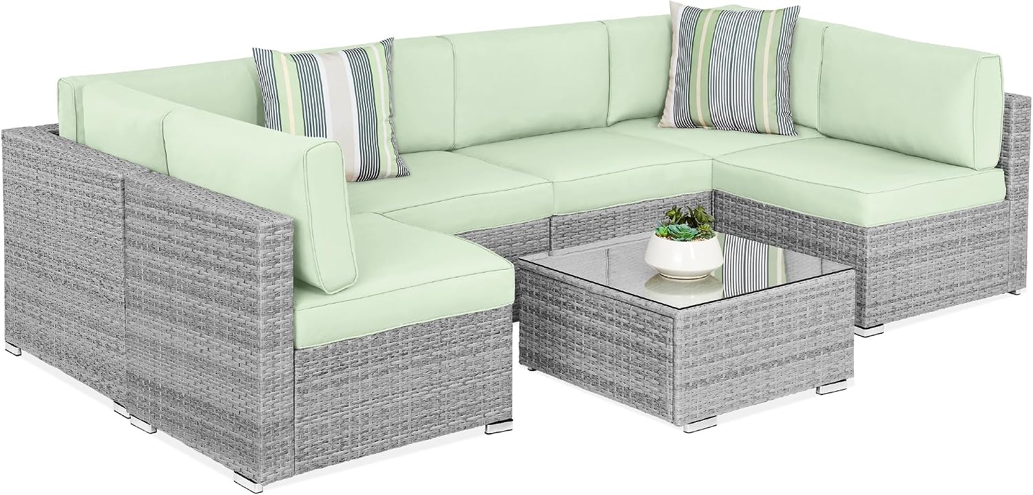 Best Choice Products 7-Piece Wicker Patio Furniture Set – Modular Outdoor Sectional w/ Table, 2 Pillows & Cover Included – Gray/Light Mint