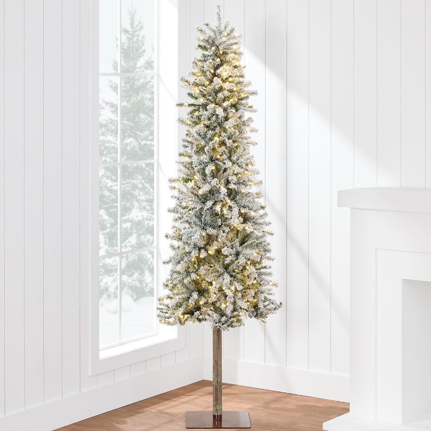 Best Choice Products Flocked Pencil Christmas Tree 7.5ft Pre-lit Alpine Slim Holiday Decoration, Lighted Skinny Décor LED Lights, Metal Stand