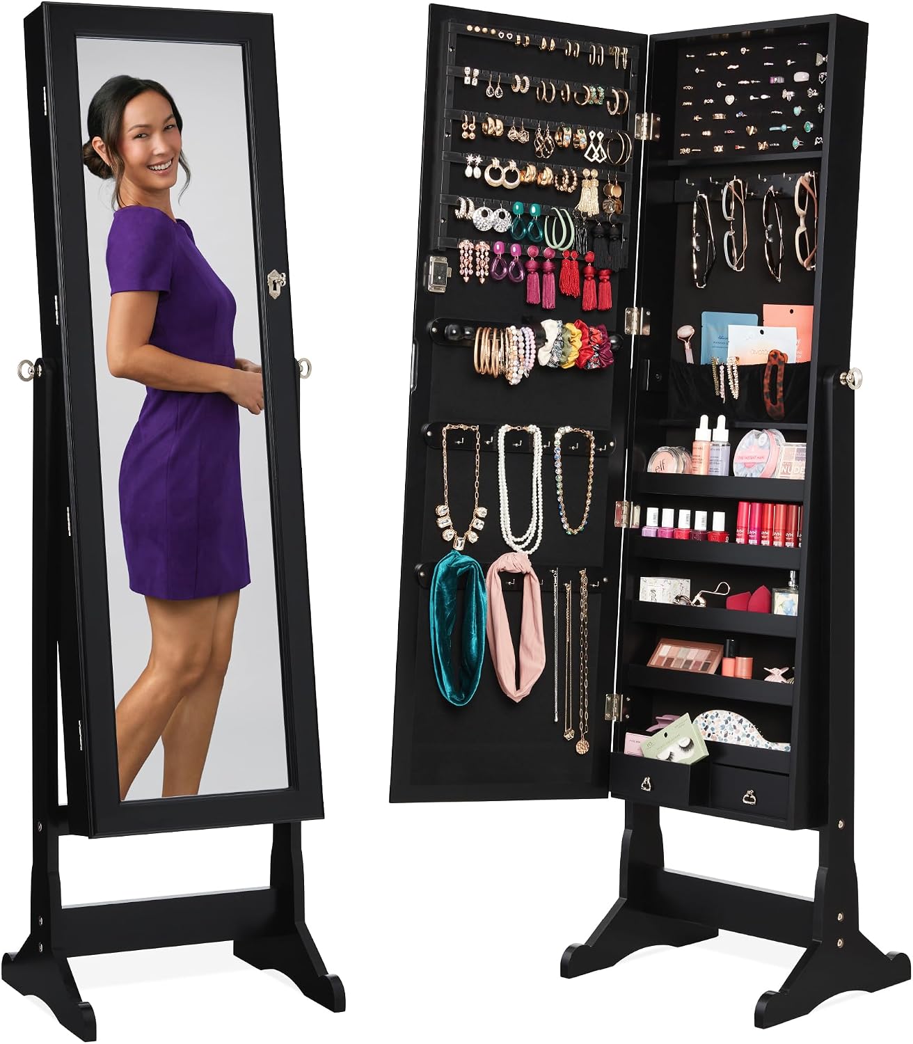 Best Choice Products Jewelry Armoire Cabinet, Full Length Mirror w/ Velvet Storage Interior, Lock – Black