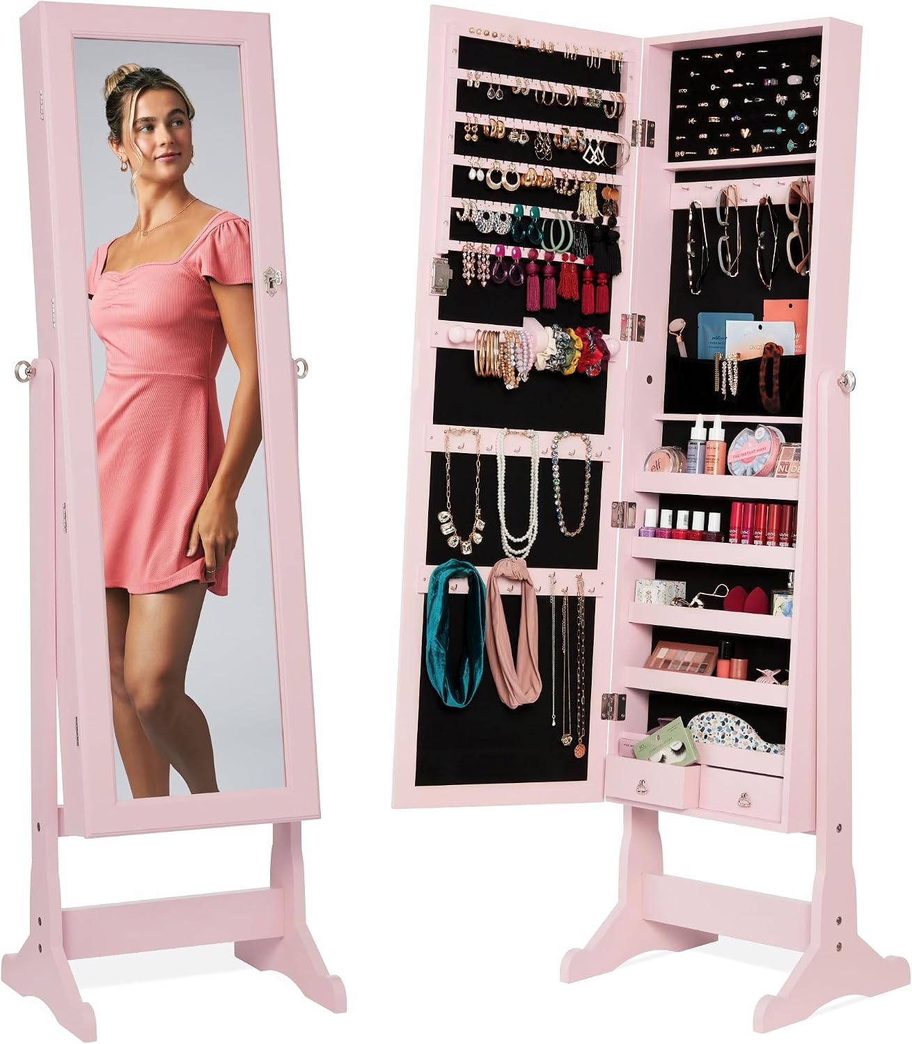 Best Choice Products Jewelry Armoire Cabinet, Full Length Mirror w/ Velvet Storage Interior, Lock – Dusty Pink
