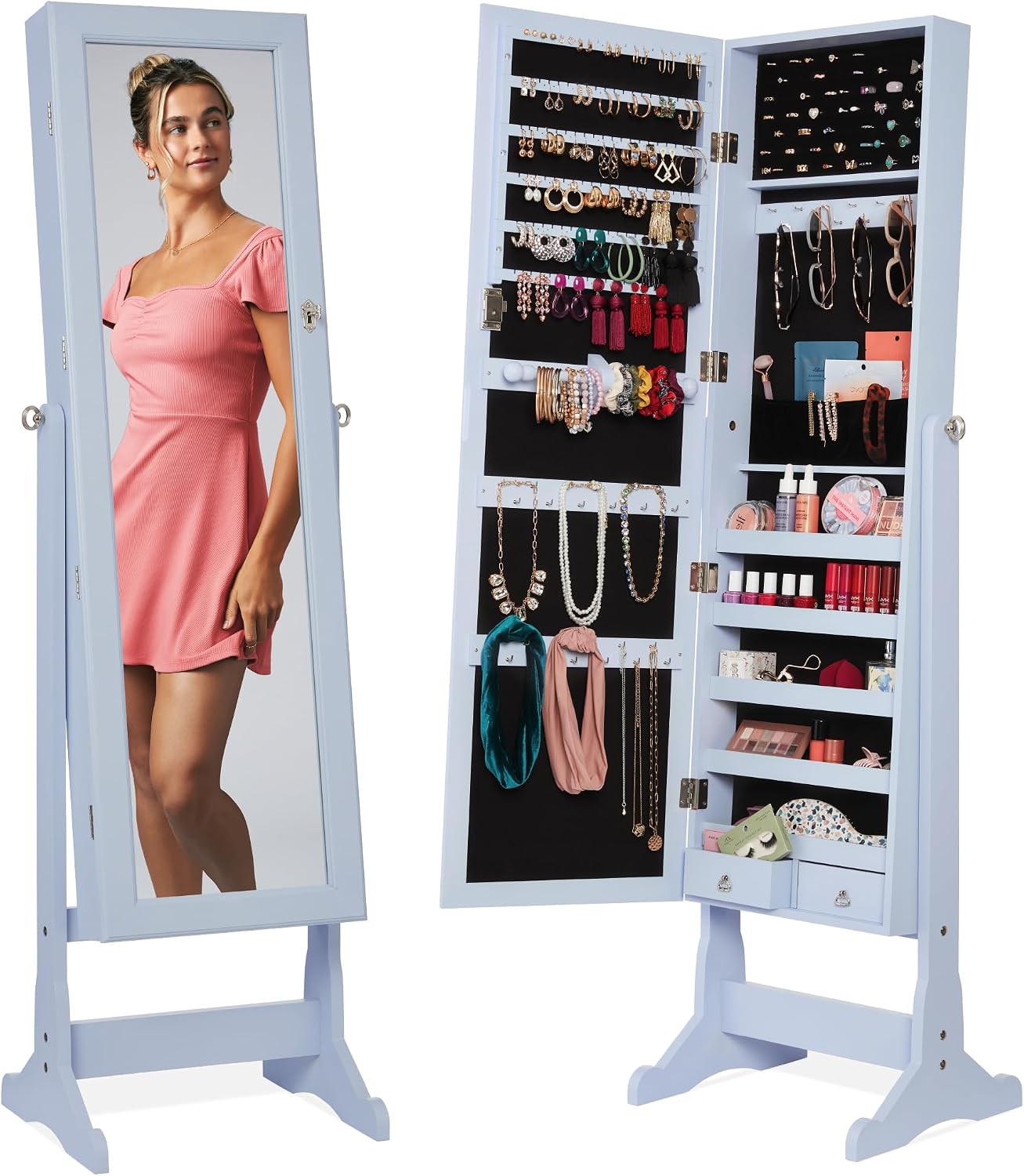Best Choice Products Jewelry Armoire Cabinet, Full Length Mirror w/ Velvet Storage Interior, Lock – Powder Blue