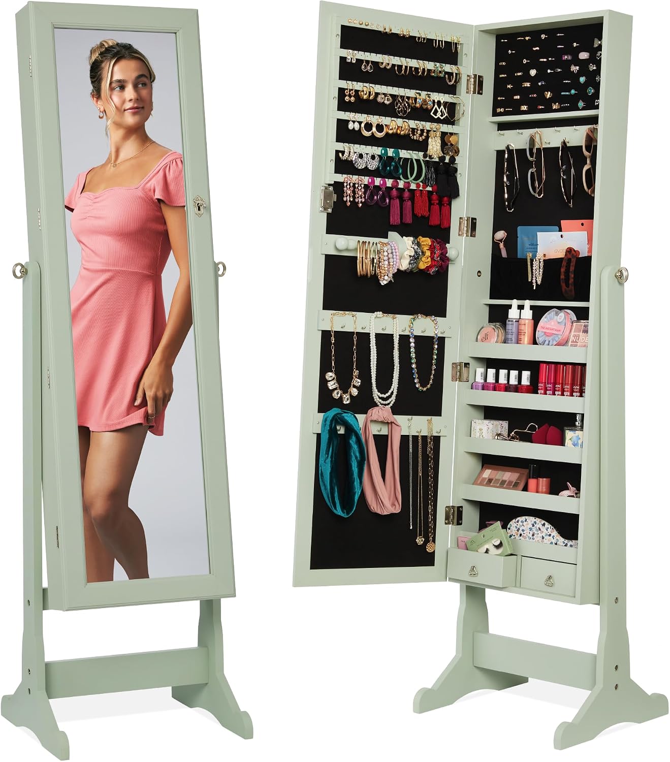 Best Choice Products Jewelry Armoire Cabinet, Full Length Mirror w/ Velvet Storage Interior, Lock – Sage