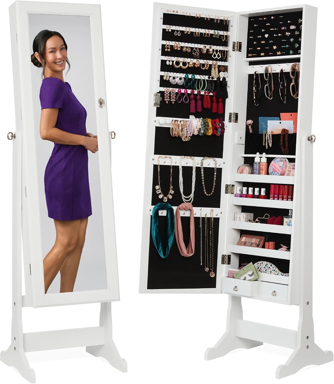 Best Choice Products Jewelry Armoire Cabinet, Full Length Mirror w/ Velvet Storage Interior, Lock – White