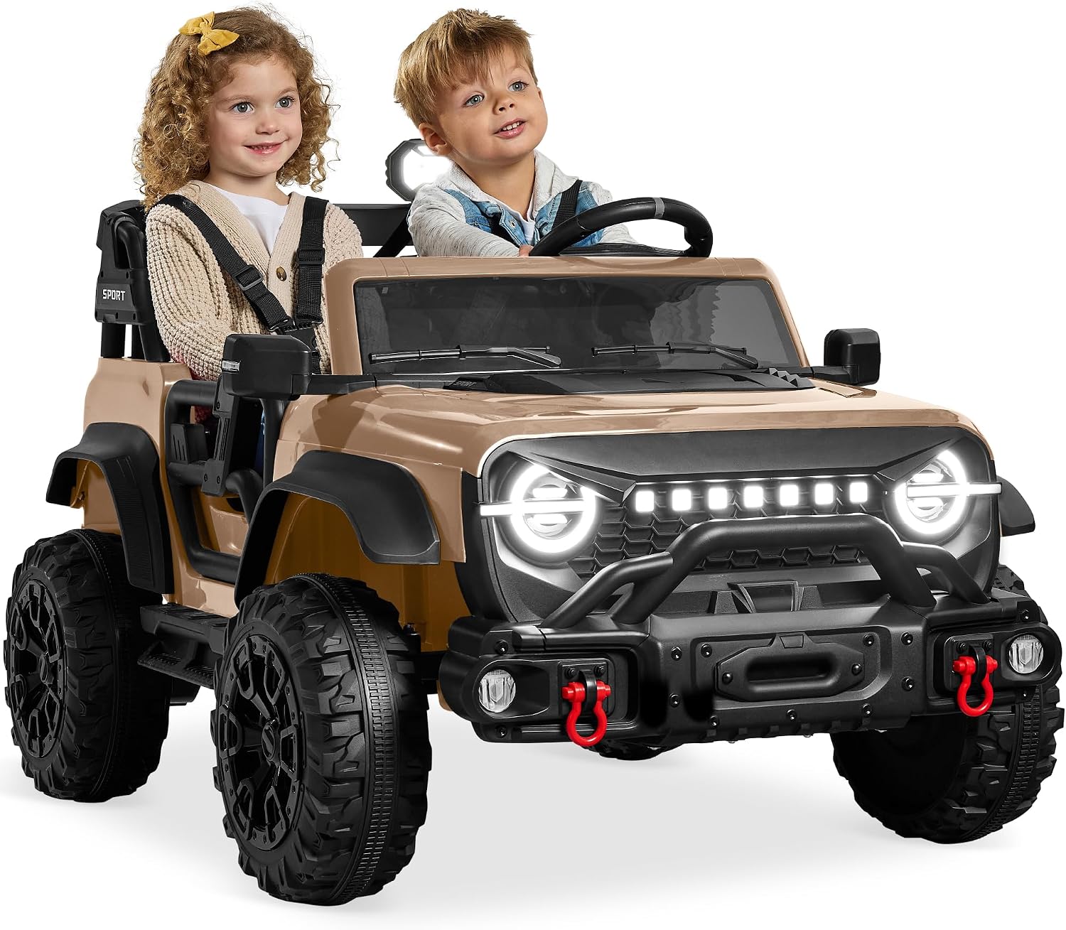 Best Choice Products Kids 24V 2-Seater Electric Ride On Car Truck w/ 132lb Weight Capacity, Parent Control, Bluetooth, LED Lights – Tan