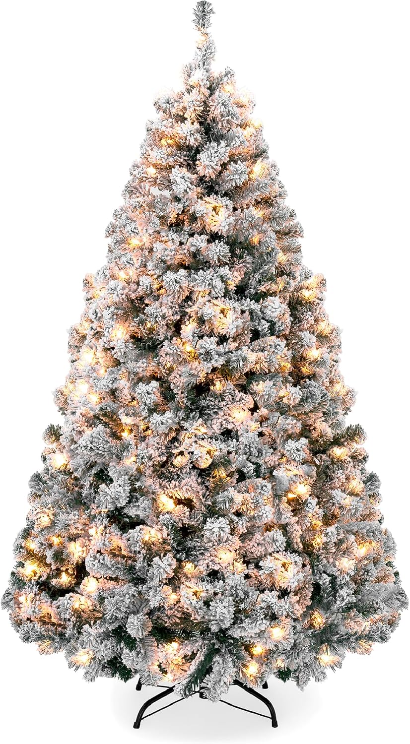 Best Choice Products Pre-Lit Artificial Christmas Tree, 12ft Snow Flocked Design Pine Tree, Full Appearance Snowy w/Easy Assembly, Metal Stand