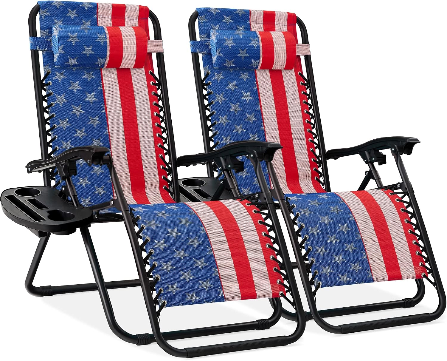 Best Choice Products Set of 2 Adjustable Steel Mesh Zero Gravity Lounge Chair Recliners w/Pillows and Cup Holder Trays – American Flag